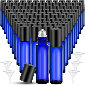 Sumind 150 Pcs Essential Oil Roller Bottles 10 ml Glass Empty Roll on Bottles with Stainless Steel Balls Leak Proof with 5 Funnel for Travel Essential Oil(Blue)