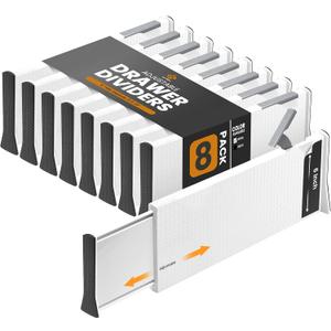 RAPTUROUS Adjustable Deep Drawer Divider 6" Tall, Expandable 13-22", 8-Pack, Non-Slip Drawer Dividers for Clothes, Dresser, Kitchen & Office Organization (White)