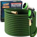 PowerFlow Garden Hose, NON-EXPANDABLE 25 Feet Premium Quality Stainless Steel Metal Water Hose with Durable Fabric Skin, Hose For Commercial, Residential Use, Bonus 10-way Spray Nozzle (25 Ft, Green)