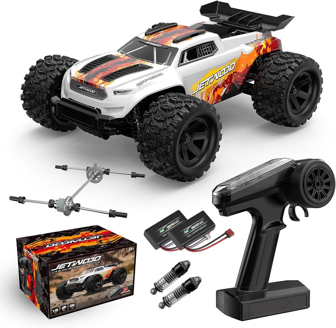 Jetwood 1:18 Fast Remote Control Car, Hobby Monster RC Truck 36 KPH with 2.4 GHz Radio Control, All Terrain Adults RC Car, 4X4/Oil-Filled Shocks/Off-Road with Two Li-Po Batteries, JC18W White
