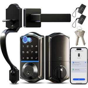 Veise VE017-H Fingerprint Smart Front Door Lock Set, App Control, Keyless Entry Deadbolt with Handle, Smart Deadbolt, Emergency Power Port, Touchscreen Keypad, Auto Lock, Easy Install, Matte Black