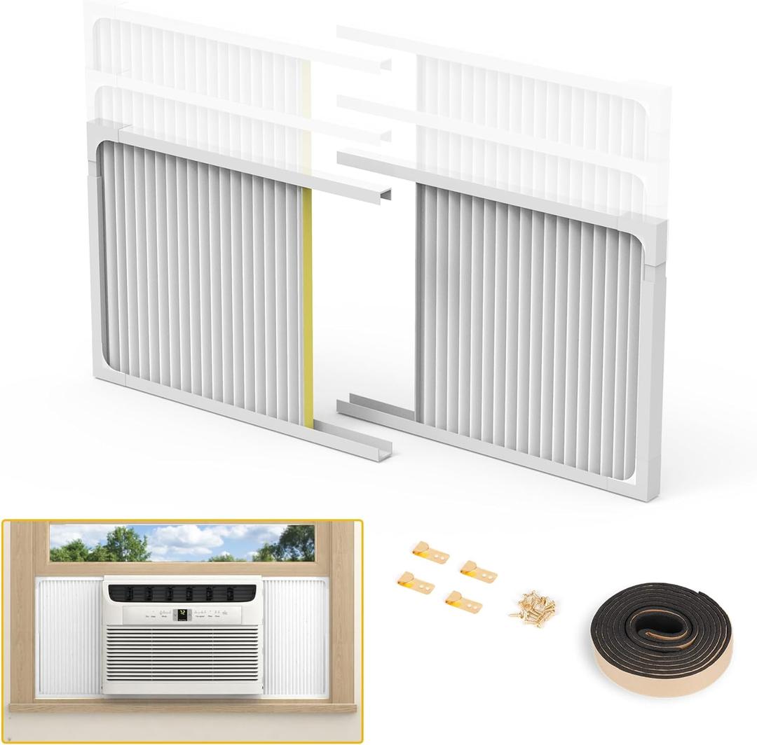 Window Air Conditioner Side Panels with Frame,Adjustable Extra Wide Air Conditioner Side Panels Fits Most 5,000-14,000 BTU Window AC Units,Window AC Side Panel Curtain Kit,2 Pack