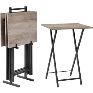 HOOBRO Folding TV Tray Tables, Set of 4 TV Trays with Storage Rack, Industrial Side Table for Eating at Couch, Foldable Snack Table for Small Space, Easy Assembly, Greige and Black BG50BZ01