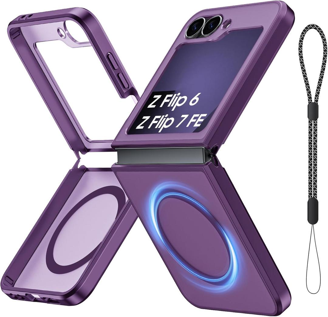 Magnetic Case for Galaxy Z Flip 7 FE/Galaxy Z Flip 6, Compatible with MagSafe [No Screen Protector] Slim Translucent Matte Shockproof Phone Case for Samsung Flip7 FE/ Flip6 (Purple)