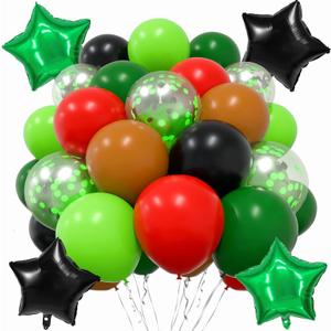 64Pcs Green and Brown Balloons 12inch Lime Green Red and Black Balloons Confetti Baloon with Star Ballons for Video Game Theme Birthday Jungle Safari Graduation Party Decorations Baby Shower