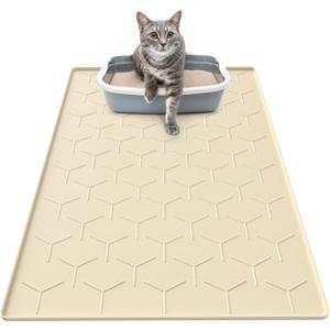 Garoopion Silicone Cat Litter Trapping Mat, Large Waterproof 34" X 22" Cat Litter Box Mat, Easy to Clean, Beige