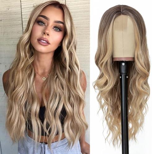 NAYOO Long Ombre Blonde Wavy Wig for Women 26 Inch Middle Part Curly Wavy Wig Natural Looking Synthetic Heat Resistant Fiber for Daily Party Use (Ombre Blonde)