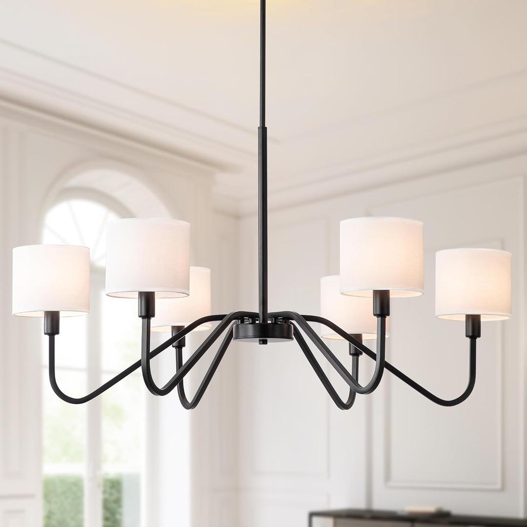 Modern Black 6-Light Chandelier, 39" Pendant Light with White Fabric Shade Adjustable Classic Chandelier Light Fixtures for Kitchen Island Dining & Living Room Entryway