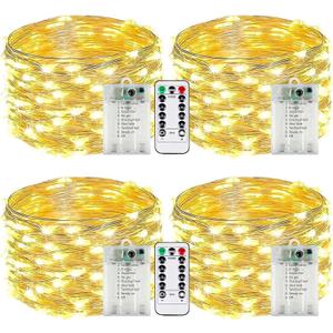 4-Pack Fairy Lights Battery Operated with Remote & Timer & 8 Modes, Waterproof 16 FT 50 LED String Lights Outdoor Indoor, Battery Twinkle Lights for Christmas Bedroom Centerpiece Dcor (Warm White)