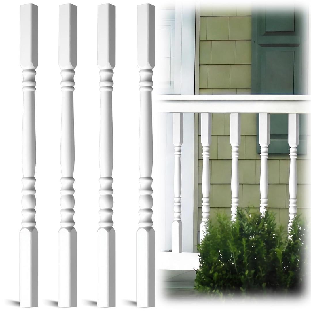 Yaocom 4 Pack Railing Spindles White Vinyl Deck Railings Colonial Style Deck Balusters for European Home Decorative Outdoor Stair Porch Fencing Railings (1 1/2" Sq X 32",Vinyl Railing)