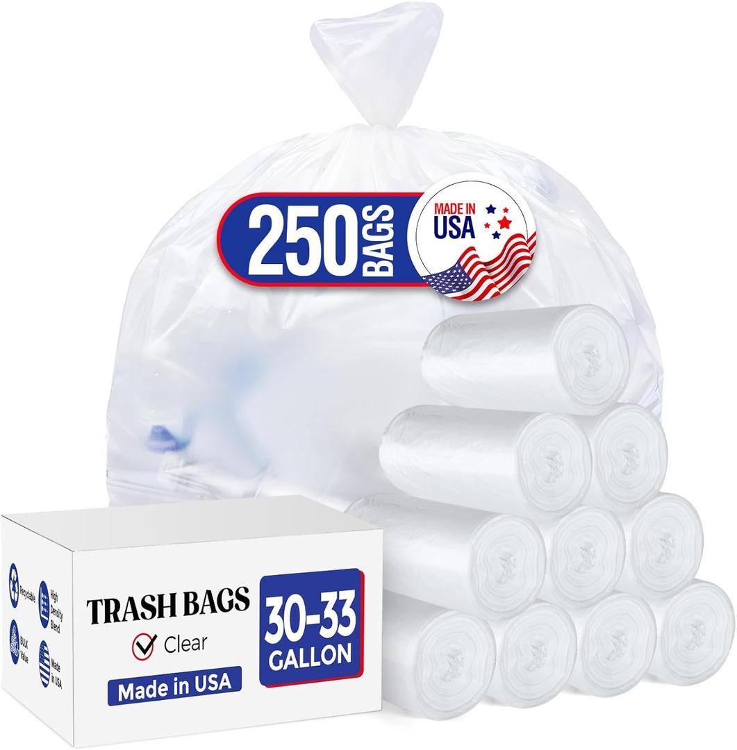 Delxo 30-33 Gallon Clear Trash Bags, 250 Count  Medium Duty Garbage Bags, Thick, Durable & Puncture-Resistant Plastic, Perforated Design Made in USA for Kitchen, Yard, Office & Party