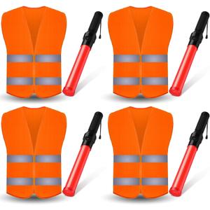Kanayu 8 Pcs 16 Inch Signal Traffic Wand High Visibility Safety Vest Set Include 4 Reflective Safety Vest 4 Traffic Control Light Security Wands for Airport Parking(Neon Orange)
