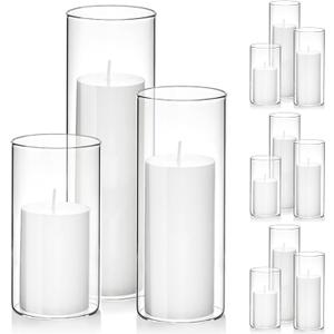 Set of 12 White Pillar Candles with Clear Glass Hurricane Holders- Elegant Cylinder Candle Vases for Weddings, Parties, Centerpieces, Home & Office Decor (White, 12 Set)