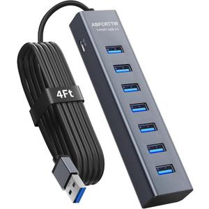 4Ft 7-Port USB 3.0 Hub for Desktop - Aluminium USB Extender Hub 5Gbps, USB Multiport Adapter, USB Splitter, USB Hub Long Cable for Desktop, PC, Flash Drive, Mobile HDD, Windows/XPS, 1.2m