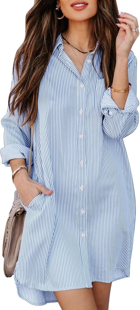 Aoudery Womens Button Down Shirt Dresses with Pockets Striped Cotton Shirts Collared Long Sleeve High Low Blouse Tops (Blue, M)
