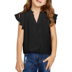 DOKOTOO KIDS Girls Summer Tops Casual Drawstring V Neck Short Sleeve Ruffle Shirts Cute Chiffon Blouse Black 14-15 Years