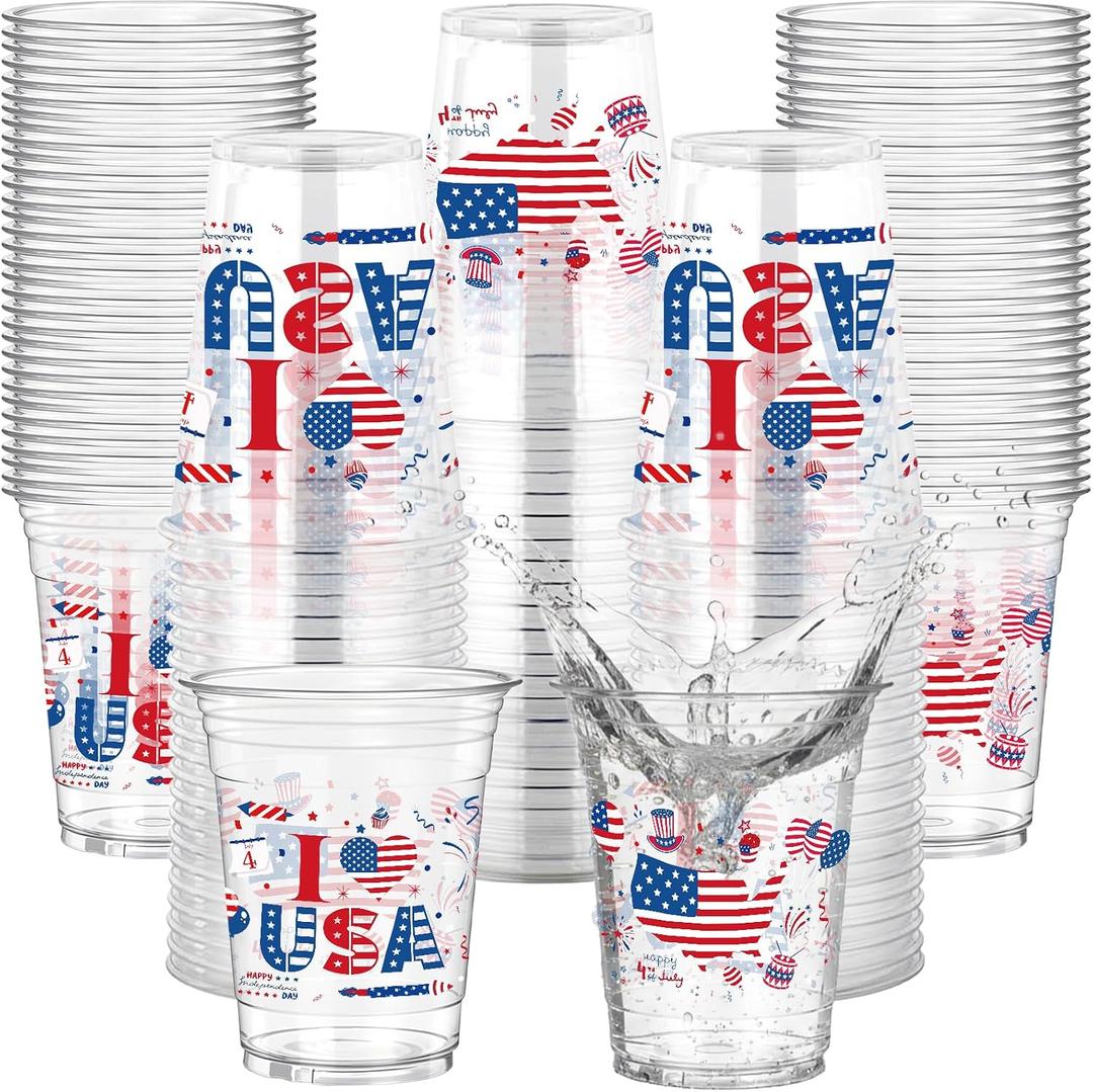 50 Pcs 250 Anniversary USA Cups, 12 oz Patriotic Disposable Plastic Cups