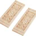 SUPERFINDINGS 2PCS Rectangle with Flower Wood Carving Decal 6.3x2.4inch Unpainted Home Furniture Applique Decor Natural Solid Wood Carved Onlay for Furniture Door Wall Ornamental
