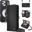 for Wallet Case Compatible with iPhone 17 Pro,Multi-Function Detachable 2 in 1 Magnetic iPhone 17 Pro Case Wallet,Flip Strap Zipper Card Holder Phone Case with Shoulder Straps (Black)
