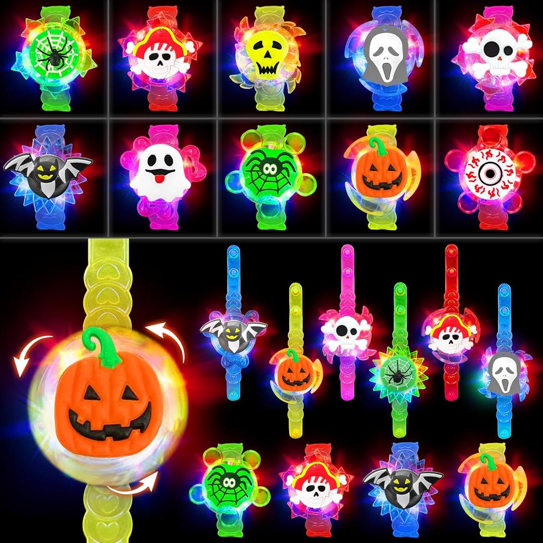 [ Rotating & 3 Modes] 20 Pack Halloween Spin Glow in the Dark Bracelets Party Favors Fidget Toys, Light Up Bracelets Bulk Halloween Theme Trick or Treat Toys for Classroom Prize Gifts Party Supplies
