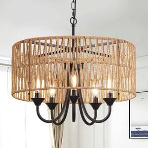 SupMaka Boho Rattan Chandelier, 19.6" Hand-Woven Pendant Light Fixture with Wicker Shade, 5-Light Farmhouse Rustic Chandelier for Dining Room, Living Room, Bedroom, Kitchen Island, Hallway, Foyer