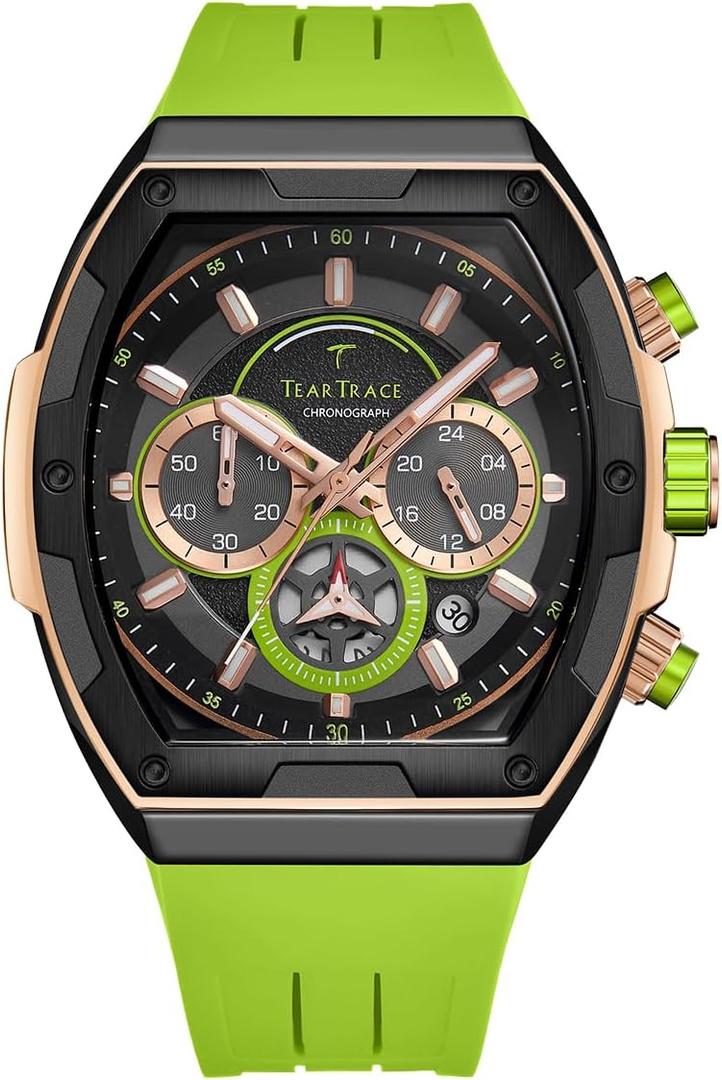 TEARTRACE Watches for Men Original Analog Quartz Waterproof Sport Mens Watches Tonneau Chronograph Luminous Fashion Unique Casual Watch with Silicone Strap