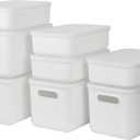 8 Pcs Storage Bins with Lids, Stackable Plastic Storage Containers for Organizing, Organizer Bins Shelf Baskets for Pantry Cabinet Shelves Desktop Freezer Drawer Organization (White, 4M+4S)