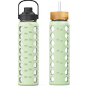 MUKOKO Glass Water Bottles,32oz Glass Tumbler with Straw,Drinking Bottles with 2 Lids-Handle Spout Lid&Bamboo Straw Lid,Motivational Water Bottle with Time Marker and Silicone Sleeve,1 Pack-Mustard