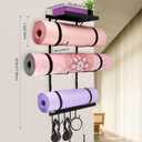 Yoga Mat Holder Wall Mount, Yoga Mats Rack with Double Floating Shelves, Yoga Accessory Storage Rack with 5 Hooks for Resistance Bands and Workout Equipment for Home Gym Storage, Black