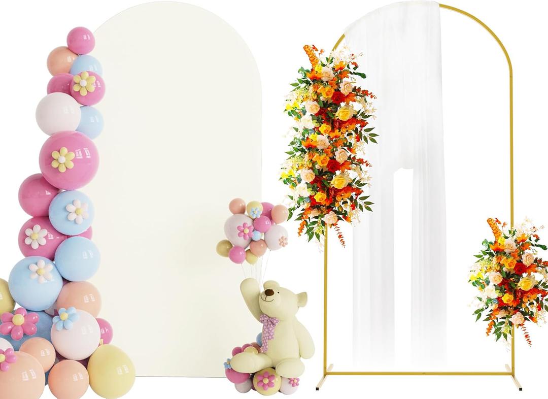Putros 6.6ft Metal Arch Stand with Cover Ivory Spandex Fitted Wedding Arch Cover and Round Top Chiara Backdrop Stand Set for Birthday Party Baby Shower Decoration