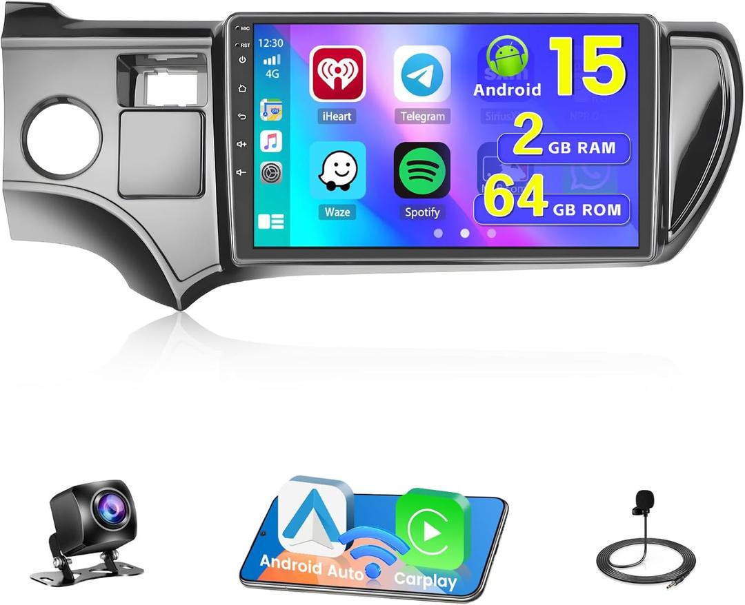 [4-Core 64G] Android 15 Car Stereo for Toyota Prius C 2012 2013 2014, Hikity 9'' Touch Screen Prius C Car Radio Wireless CarPlay Android Auto GPS Mirror Link 5G WiFi Bluetooth FM/EQ/RDS Backup Cam+MIC