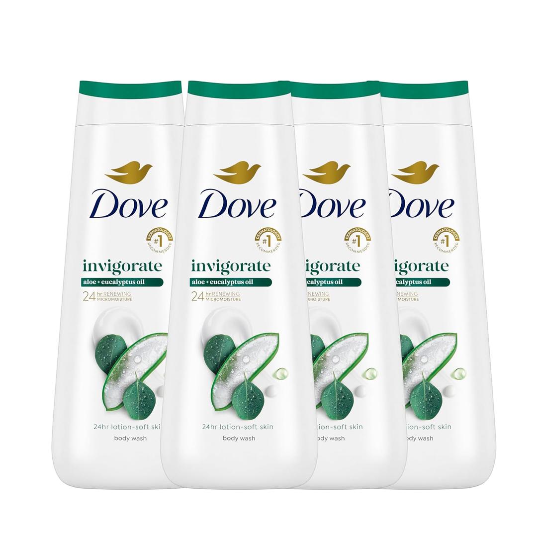 Dove Body Wash with Pump 4 Count Invigorate Aloe & Eucalyptus For 24hr Lotion-Soft Skin Moisturizing Skin Cleanser with No Sulfates No Parabens
