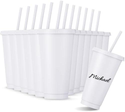 Amyhill 12 Pcs Reusable Cups with Lids and Straws 24 oz Plastic Tumbler Iced Coffee Cup Travel Mug for Smoothie Juices Birthdays Sleepover Party Supplies for Girls (White)