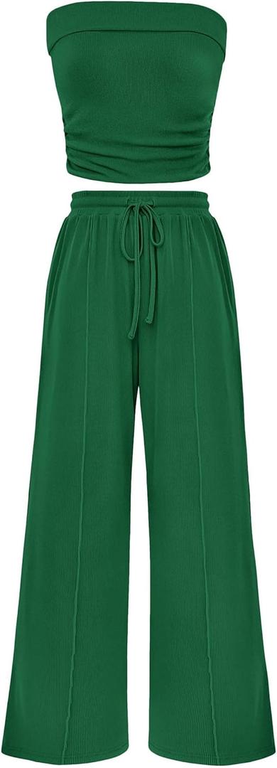 PRETTYGARDEN Womens Summer Outfits 2 Piece Sets Casual Ribbed Knit Crop Tube Top Wide Leg Pants Spring Matching Lounge Set (Large, Green)