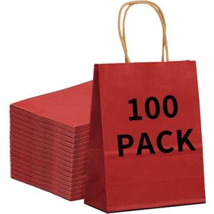 BAG BOX 100 Pack Medium 8.25x4.3x10.6 Inch Red Kraft Paper Gift Bags with Handles for Bulk Shopping, Retail, Craft, Party Favors, Wedding, Grocery & Sacks