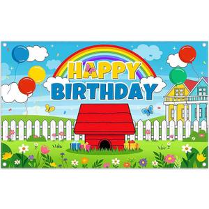 Fabric 72x43inch Cartoon Red House Backdrop Happy Birthday Blue Sky Grass Flowers Rainbow Balloons Photography Background Kids Children Party Decorations Photo Props