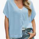 JUHEE Womens Oversized Summer Cardigan Tops Lightweight Going Out Cap Short Sleeve Button V-Neck Knit Casual Sweater Shirts Large, Blue 