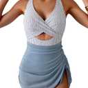B2prity Women Mesh One Piece Swimdress Swimsuit Tummy Control V Neck Cutout Bathing Suit Wrap Drawstring Sarong Swimwear (Small, Stripe,grey Blue)