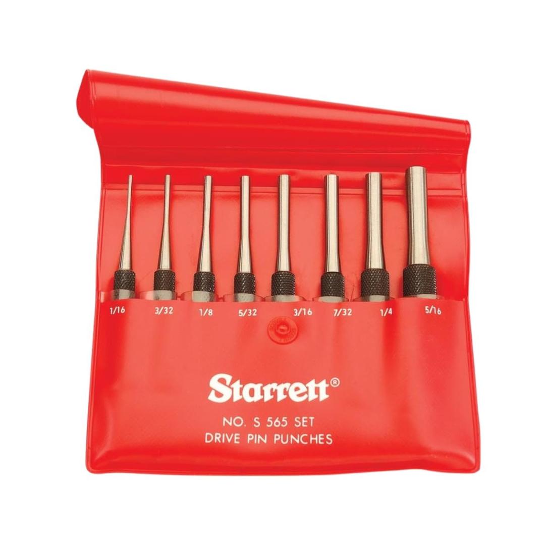Starrett Drive Pin Punch Set with Knurled Grip and Protective Vinyl Case - 4" Length, 1/16", 3/32", 1/8", 5/32", 3/16", 7/32", 1/4", 5/16" Punch Diameter - S565PC