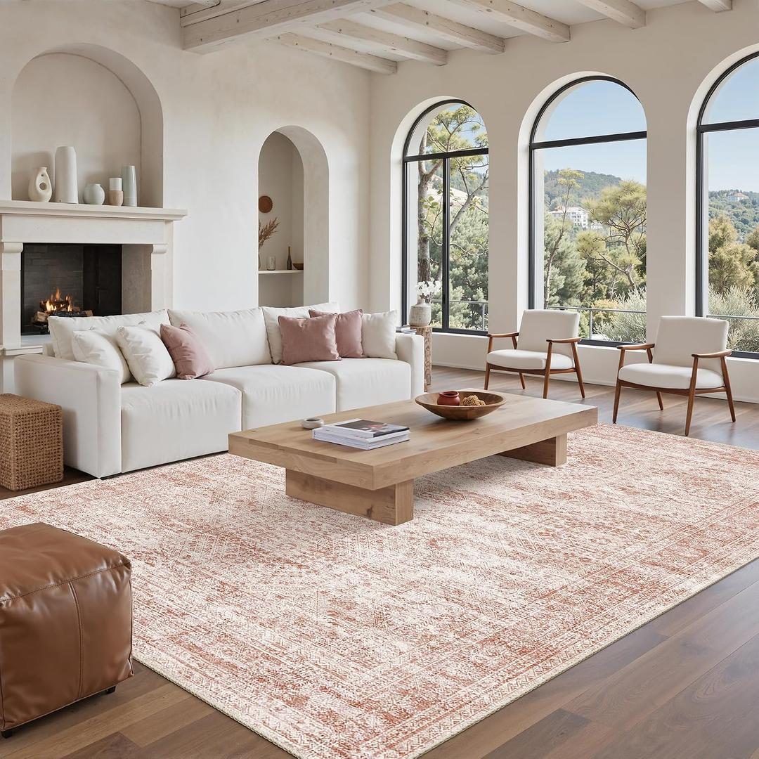 Soalmost Washable Area Rug 8x10, Large Soft Rugs for Living Room Vintage Area Rugs for Bedroom Dining Room Non-Slip Stain Resistant Pink Under Table Rug
