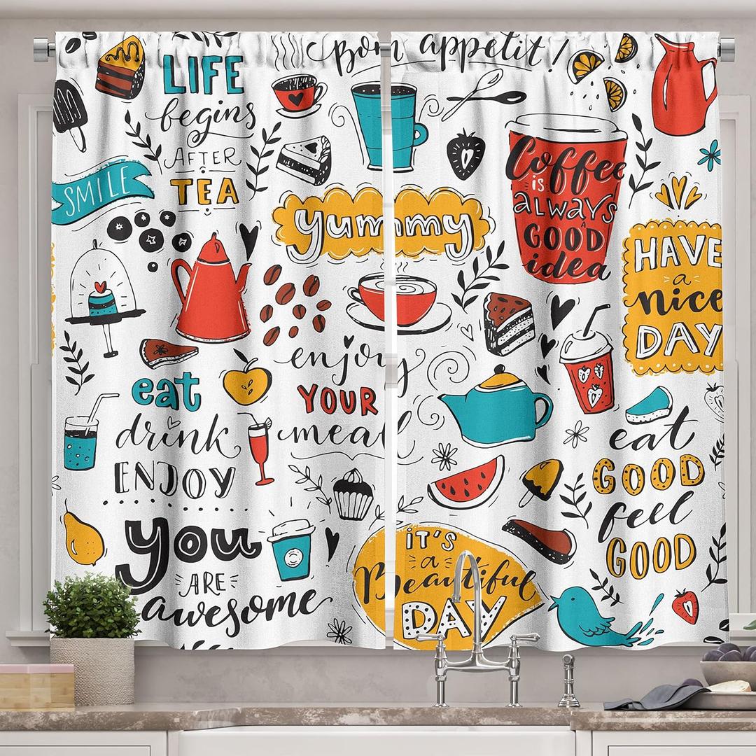 Lunarable Saying Long Kitchen Curtains, Doodle Food Themed Letterings Bon Appetit Yummy Enjoy Your Meal Eat Drink Enjoy, Two Panels Drapes with Rod Pocket Room Decor, 55" X 45", White Yellow