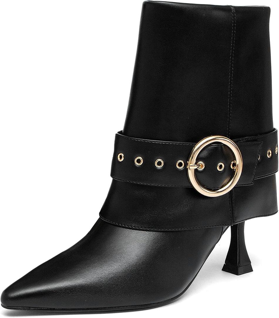 NEWBELLA Women's Pointed Toe Ankle Boots – High Heel Short Booties with Gold Buckle Strap, Slip-On Side Zipper Fashion Dress Boots for Fall Winter