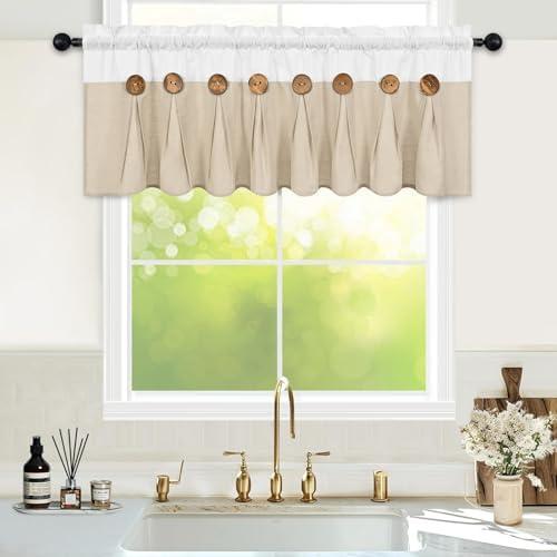 FRAMICS Farmhouse Valance Curtains, Boho Cotton Linen Kitchen Valance, Rustic Button Window Valances for Kitchen, Country Rod Pocket Valances for Windows Bathroom, White and Linen, 52 x 18 Inch