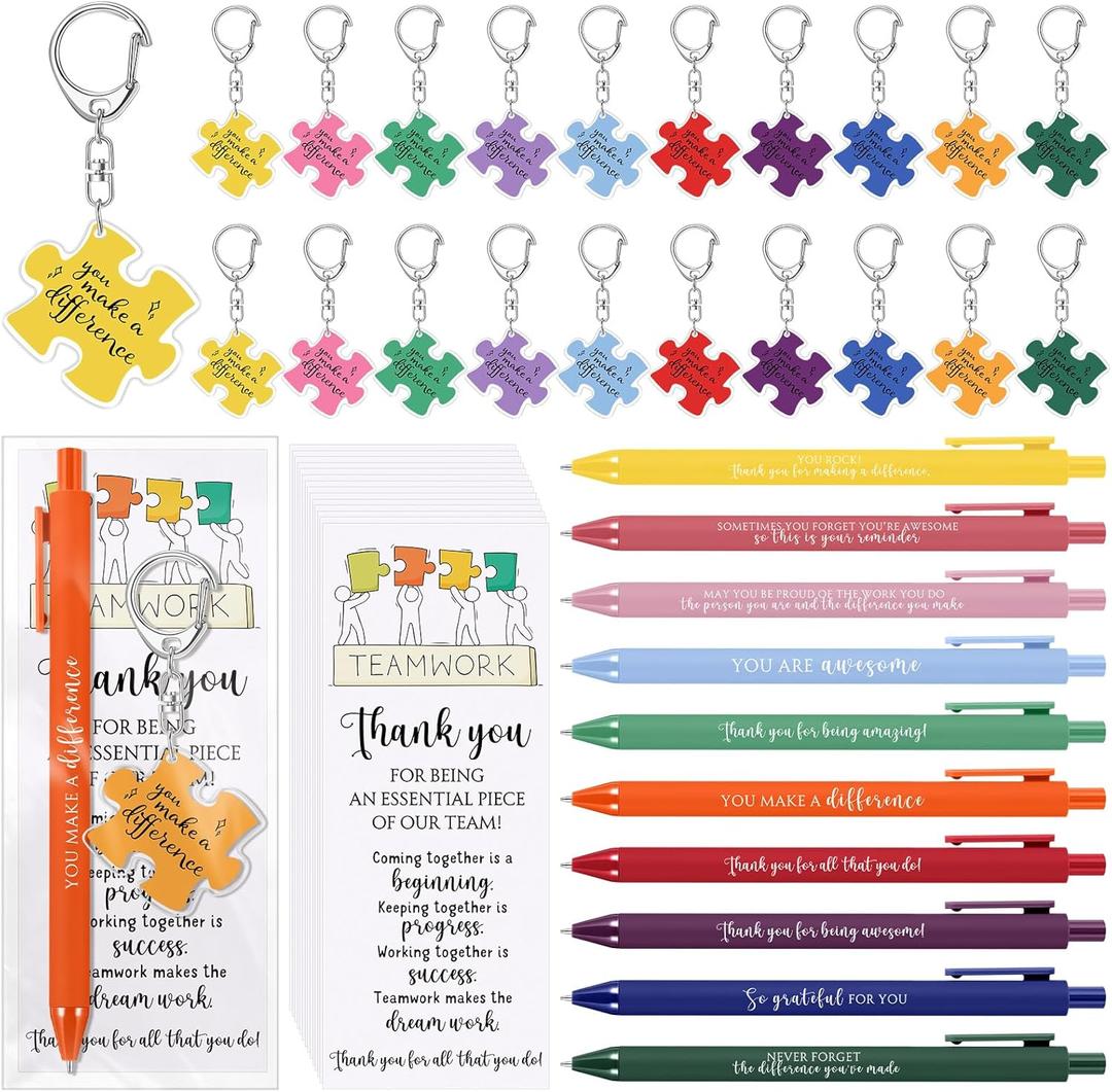 Dunzoom Employee Appreciation Gifts Bulk for Workplace Coworker Office Staff Teacher Nurse Doctor Social Worker Team Work Puzzle Piece Keychains & Thank You Pens(50 Set,You Make A Difference)