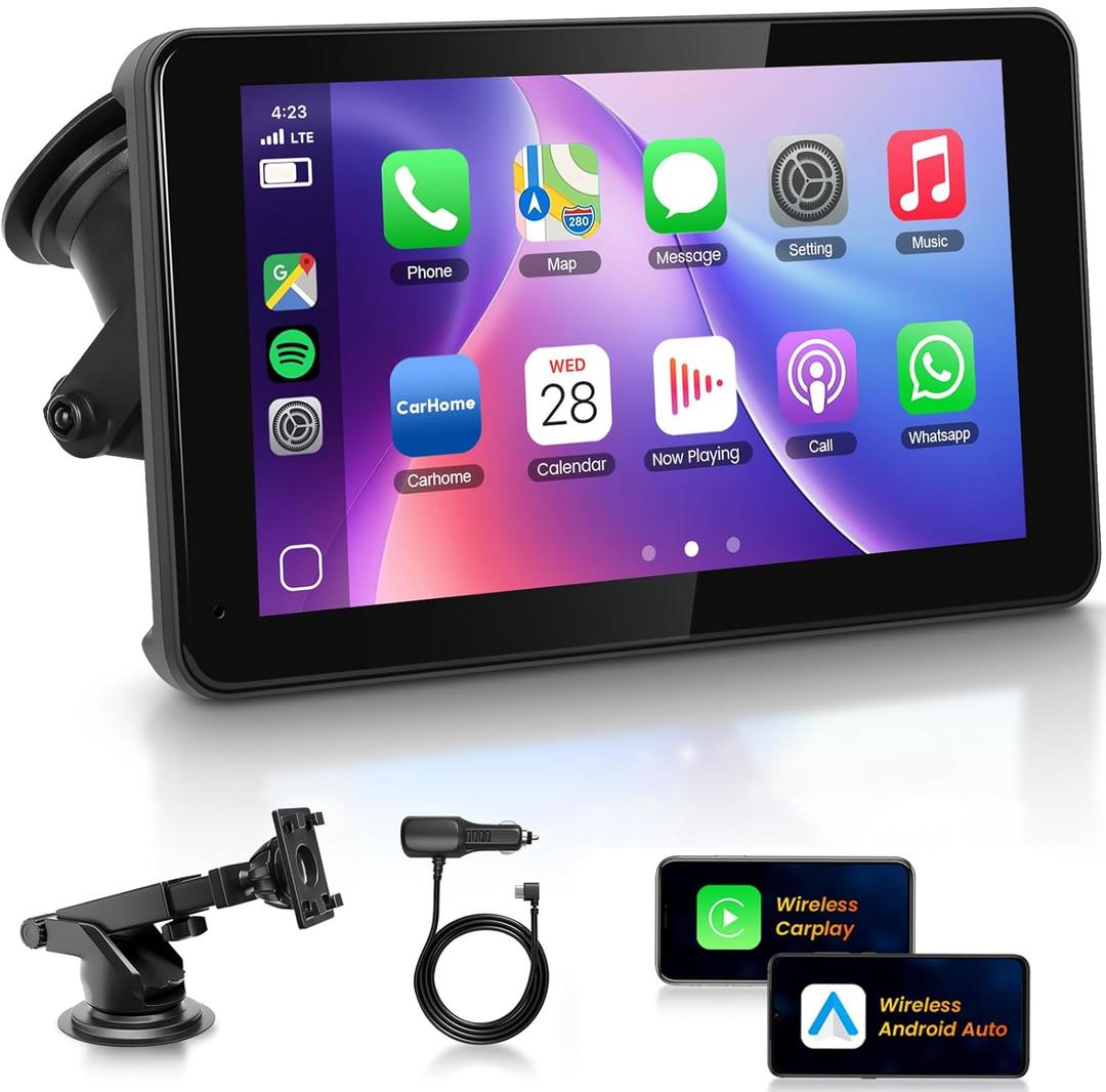 OTA Upgrade Super Link 7-inch IPS Portable Carplay Screen for Car Compatable with Apple CarPlay Android Auto,Wireless Car Play Unit with GPS Navigation,Bluetooth5.0,Mirror Link,for All Vehicles