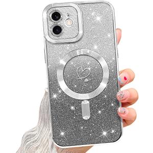 NITITOP Compatible with iPhone 12 Case Cute Clear Glitter [Compatible for MagSafe] Sparkle Bling Magnetic Plating Heart Girl Women Electroplated Frame Camera Protection Back Cover - Silver