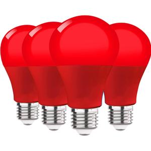 LED Red Light Bulb, A19 9W (60W Equivalent) Red Colored Light Bulb Outdoor, E26 Base Red LED Lights for Party Decoration, New Year, Porch, Home Lighting, Christmas Light Bulbs, Wedding, Bar, 4 Pack