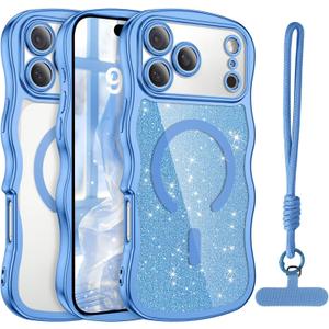 BENTOBEN Magnetic for iPhone 17 Pro Case 2025, Clear Glitter Cute Curly Wavy [Compatible with Magsafe] Sparkly Shinny Slim Design Shockproof Protective Girly Women Phone Cover, Deep Blue/Clear