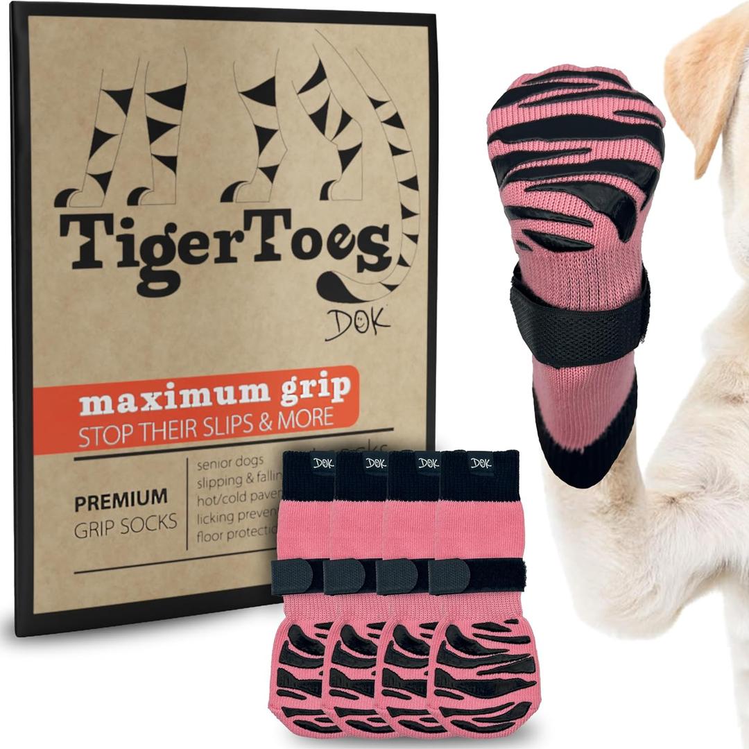 DOK TigerToes Premium Non-Slip Dog Socks for Hardwood Floors - Extra-Thick Grip that Works Even When Twisted - Prevents Licking, Slipping, and Great for Dog Paw Protection (Sassy Pink, Medium)