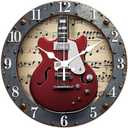 CHGCRAFT 3D Industrial Style Guitar Pattern Wall Clock 12 Inch Non-Ticking Clocks Round Sheet Music Pattern Wall Hanging Clock Battery Operated for Bedroom Living Room Kitchen Office